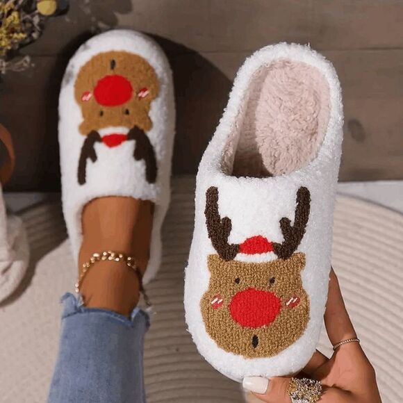 Reindeer Christmas Fuzzy Smiley Face Slippers Size 6.5/7 - Picture 3 of 8